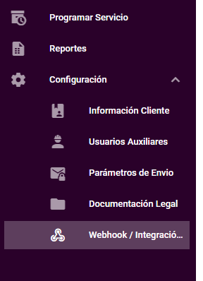 Menú Configuración con la opción Webhook / Integración POS