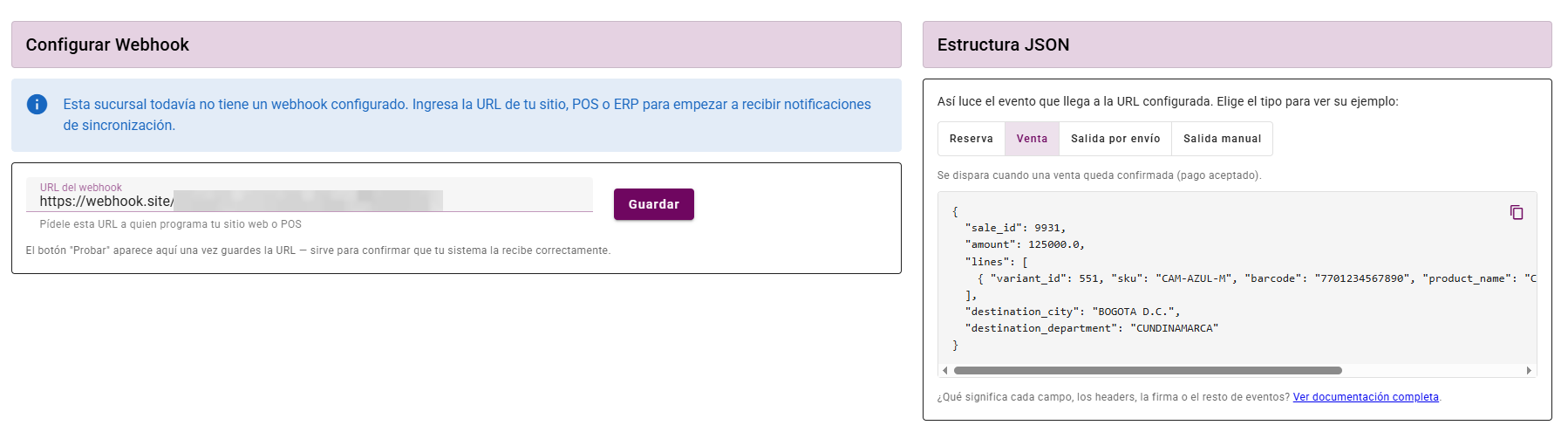 Formulario para registrar la URL del webhook