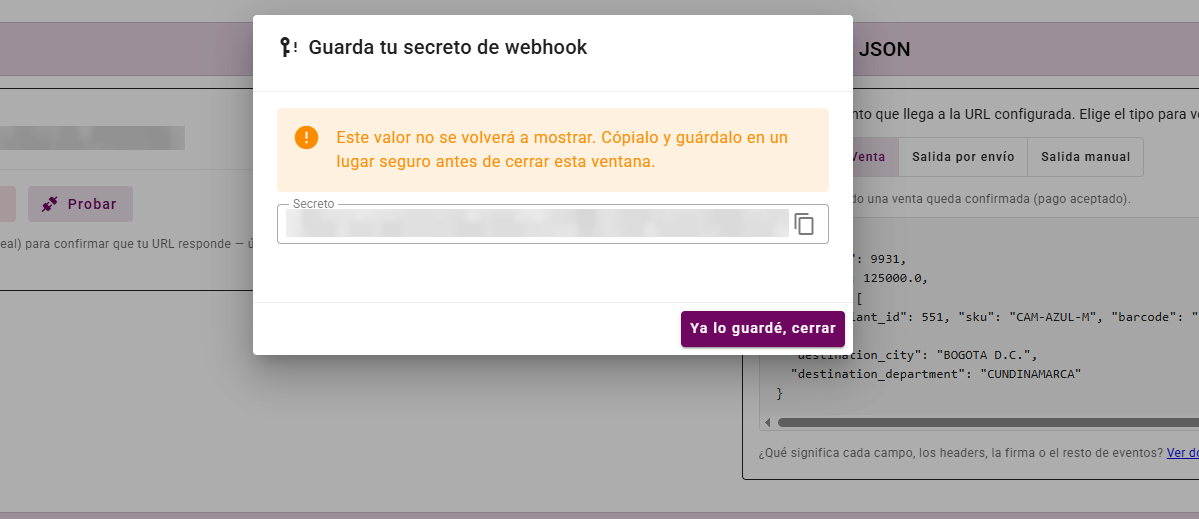 Ventana que muestra el secreto del webhook una sola vez