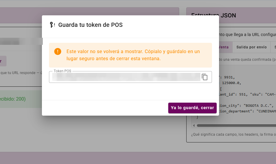Sección Token POS del portal